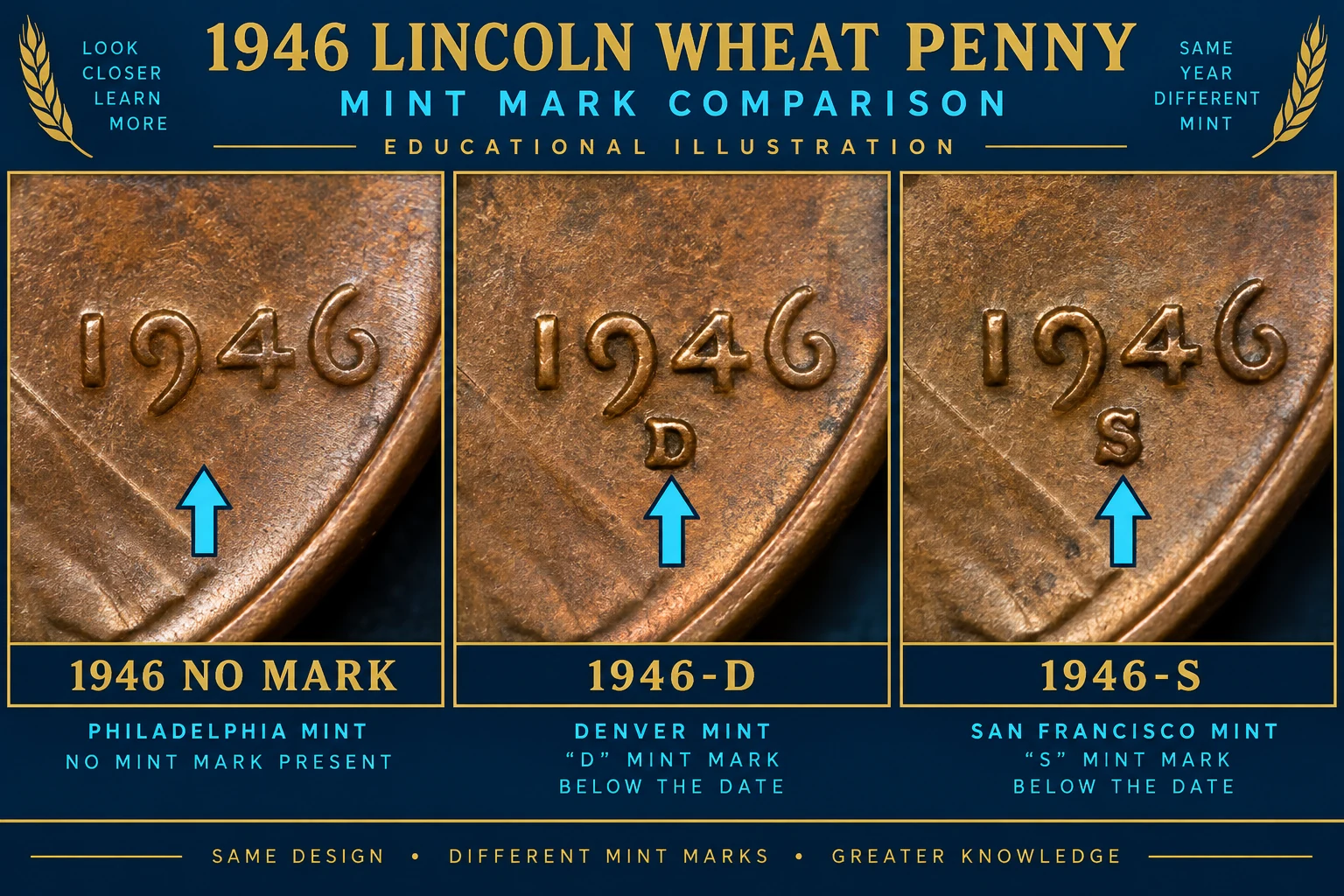 1946 Wheat Penny no mint mark D and S mint mark comparison