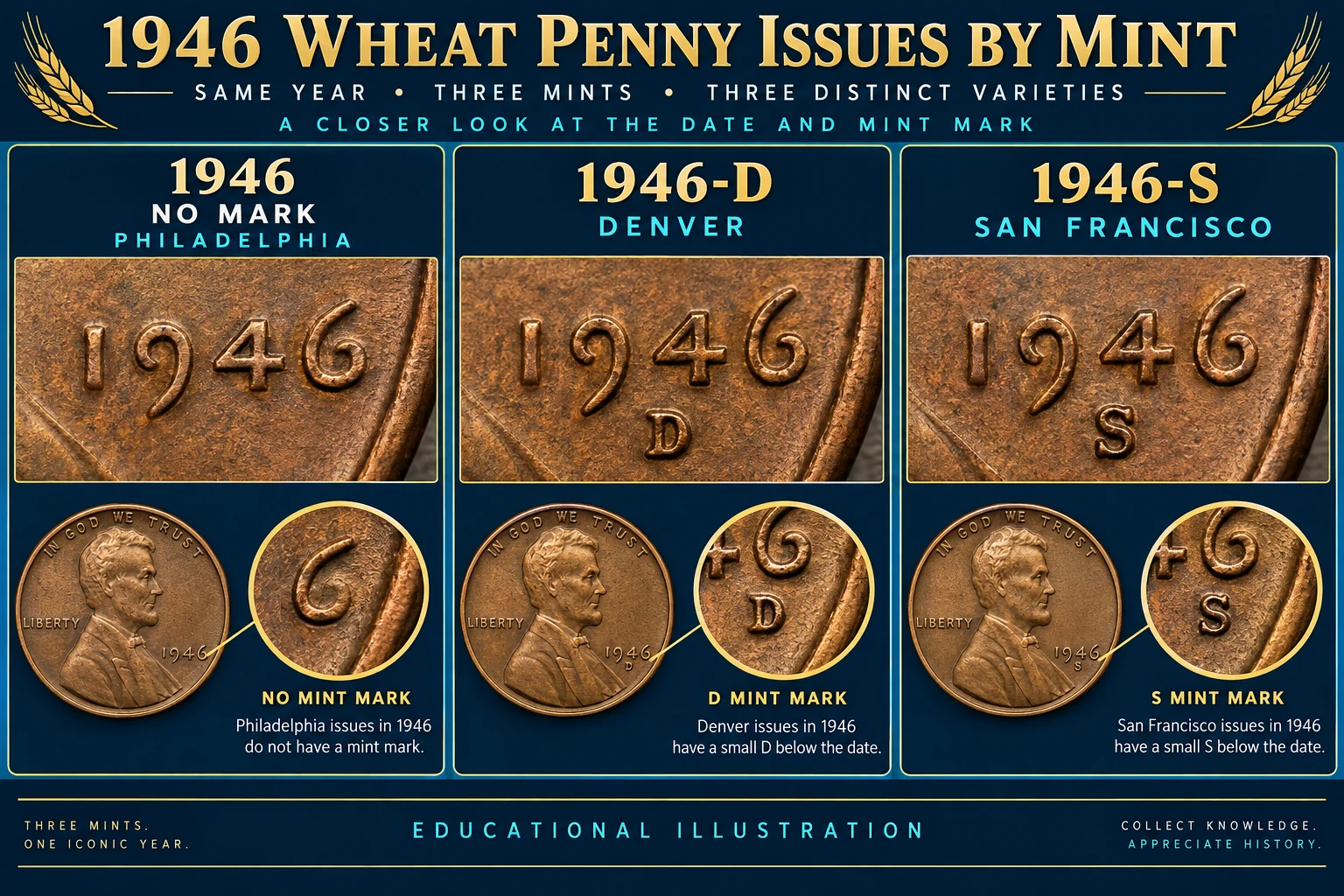 1946 Wheat Penny value comparison by mint mark