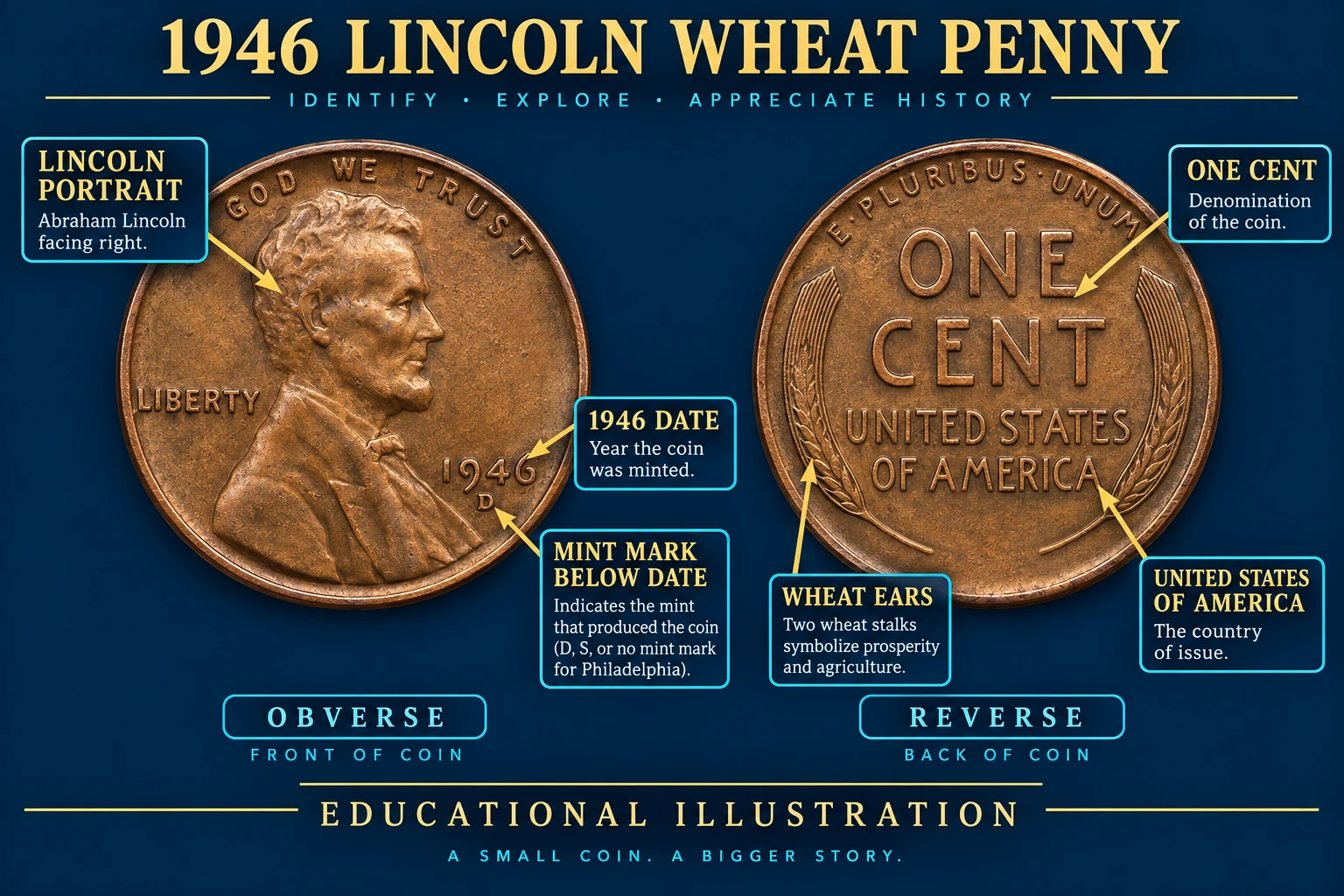 How to identify a 1946 Wheat Penny by date mint mark and reverse