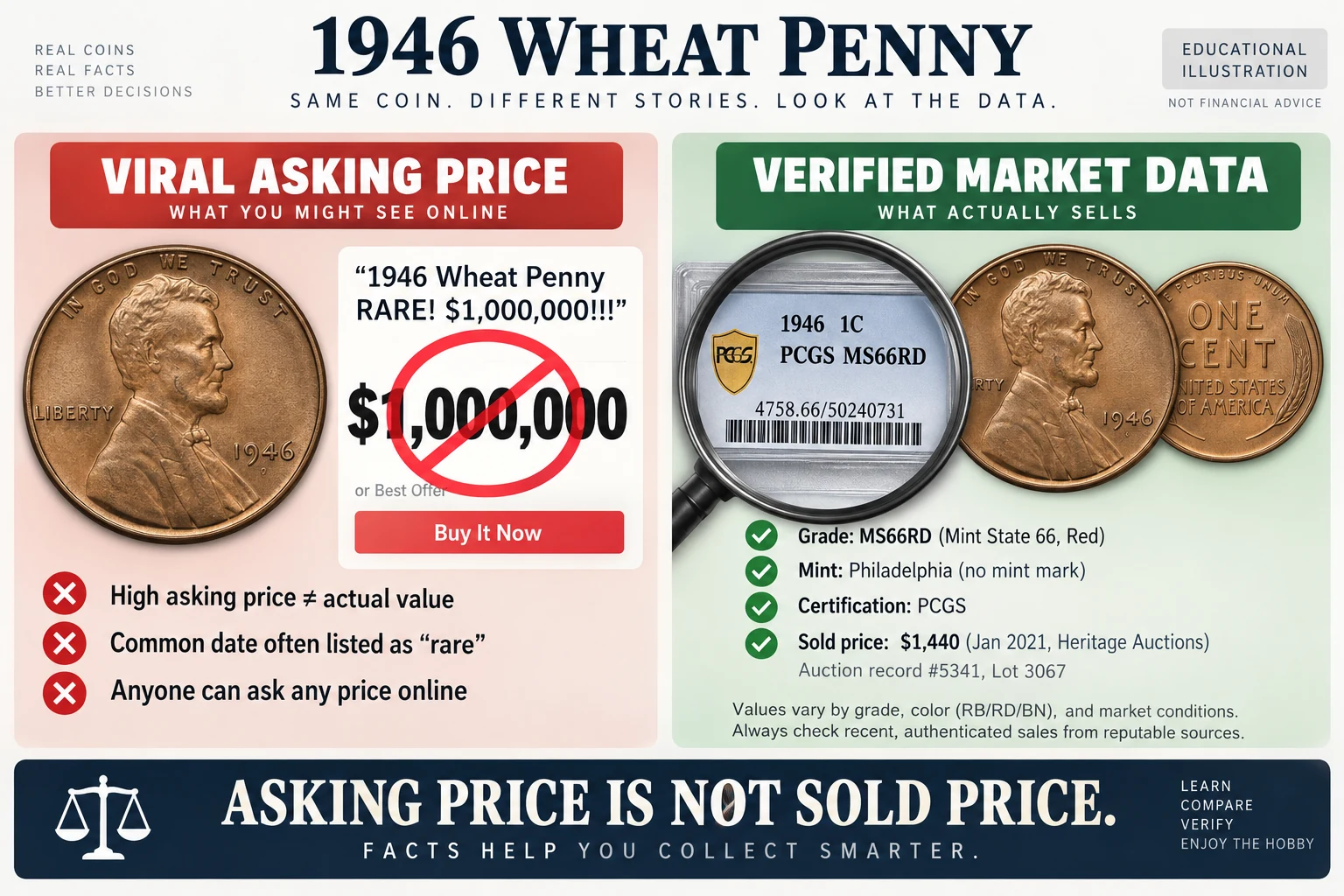 Educational illustration explaining why a normal 1946 Wheat Penny is not a million-dollar coin